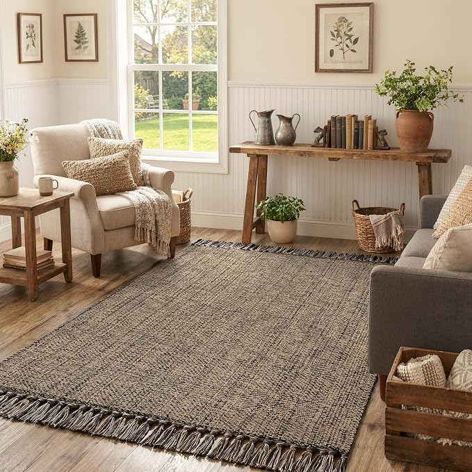 Collive 4' x 6' Bedroom Area Rug, Modern Farmhouse Indoor Outdoor Rugs Boho Living Room Rug, Natural/Black Hand Woven Comfy Bedside Mats Reversible Dining Room Carpet for Nursery Room Patio Decor