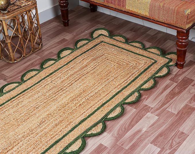 Scalloped Natural Jute Area Rug for Bedroom Living Room, Kitchen, Patio, Hallway, Entryway, Indoor, Outdoor, Farmhouse, Modern Carpet, Door Mat Green, 2x3 ft.