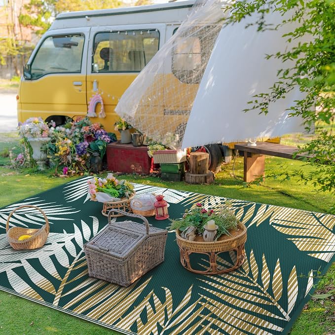 GENIMO Outdoor Rug, Waterproof Plastic Rugs for Patio, 6'x9' Lime Green | Outside Larger Leaf Carpet Mat for Porch Decor, Deck, Balcony, Camping, RV, Backyard, Picnic, Beach, Reversible, Foldable