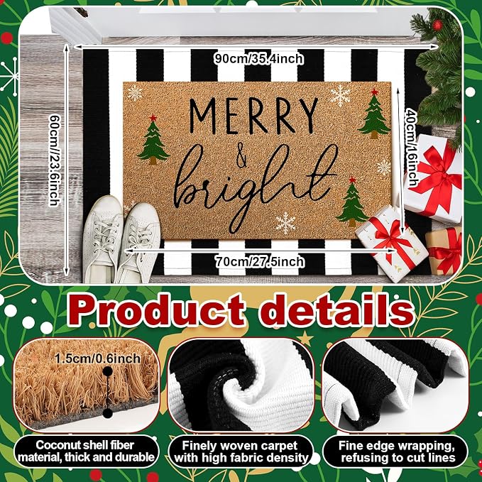 Moucuny 2 Pcs Christmas Door Mat Outdoor Merry Christmas Nature Coir Welcome Outdoor Rug Black White Stripe Xmas Front Porch Rugs Non Slip Floor Mats Entrance Decor