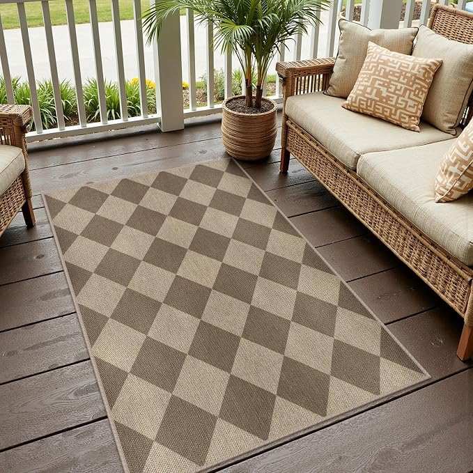 Rugalia Easy Jute Small Outdoor Patio Rug, 3x5 Brown Checkered Entryway Rug Washable Modern Diamond Kitchen Rugs, Non-Slip Neutral Farmhouse Throw Carpet for Living Room Porch Backyard
