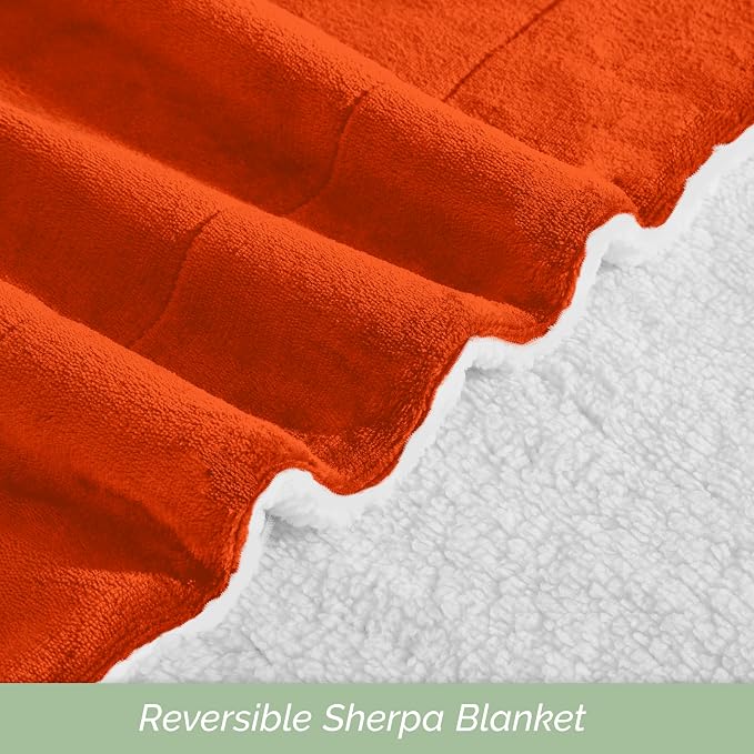Elegant Comfort Ultra Soft Reversible Flannel Sherpa Blanket - Cozy Silky Fleece Throw for Couch, Bed - Plush Fuzzy Warm Winter Blanket for Gift, King, Orange