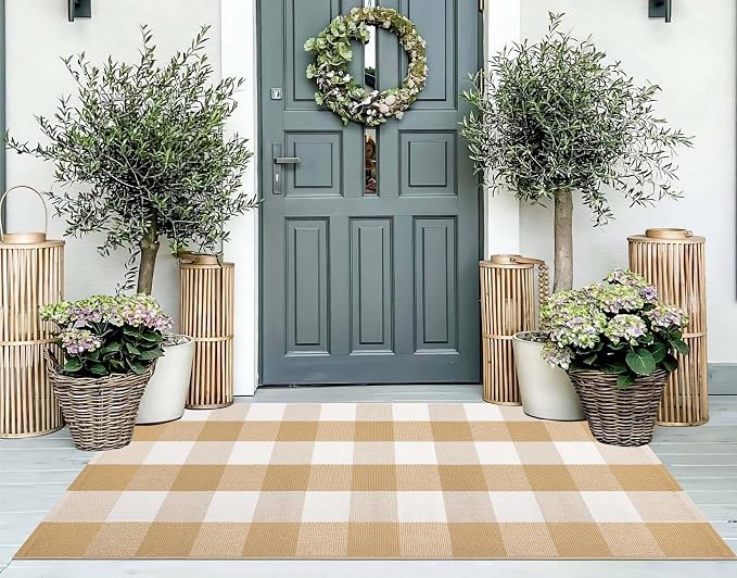 2'X4.3'Outdoor Rug Khaki and White Checkered Front Porch Rug Cotton Woven Washable Layered Doormat for Entryway Dining Room Bedroom Living Room