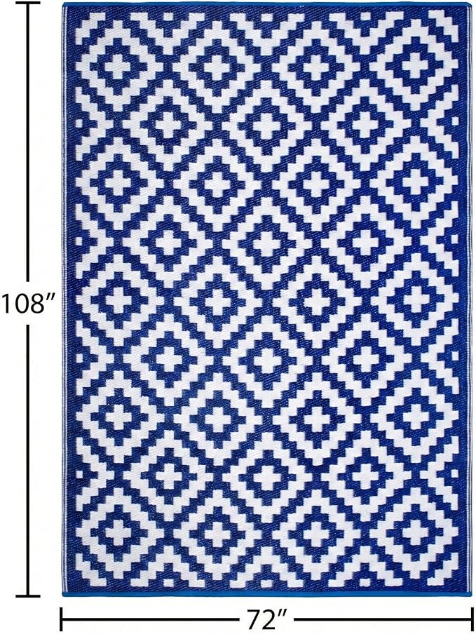 FH Home Outdoor Rug - Waterproof, Fade Resistant, Reversible - Premium Recycled Plastic - Geometric - Large Patio, Deck, Sunroom, Camping, RV - Aztec - Blue & White Crease Free - 6 x 9 ft