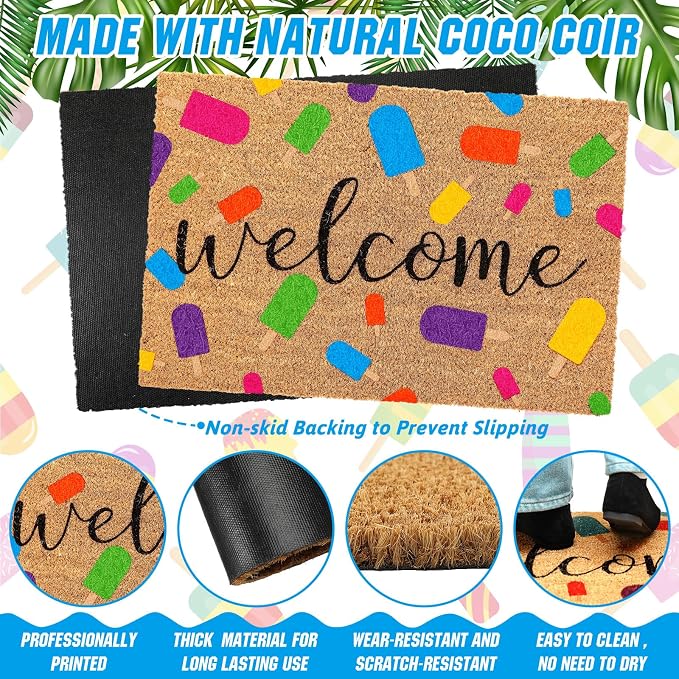 Ceenna Summer Welcome Doormat Outdoor, Colorful Ice Cream Pattern Coir Rug, Non-Slip Front Door Mat for Outdoor Indoor, Durable Entryway Mat for Porch, Patio, 16 x 28 Inch