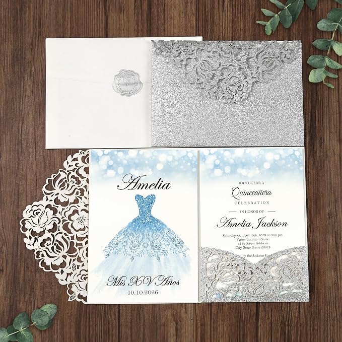 DORIS HOME Laser Cut Quinceanera Invitation Pockets, Silver Glitter, 5"x7" | 50pcs, With Envelopes, For Birthday, Miss 15, Sweet 16, No Inserts Included