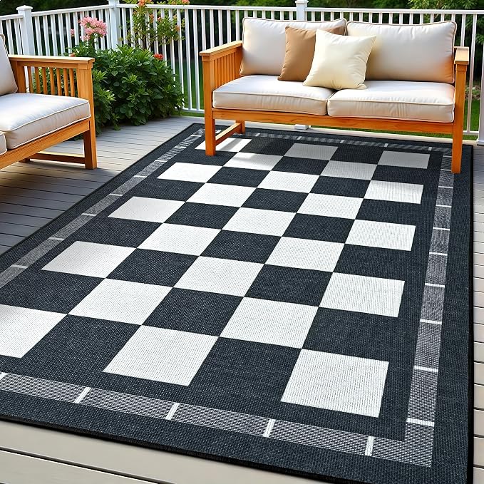 Vasofe 5x7 Jute Checkered Rugs, Washable Outdoor Patio Rug for Living Room | Indoor Carpet, Non-Slip Farmhouse Geometric Non Slip Area Rug for Backyard Dining Room Bedroom Balcony, Black and White