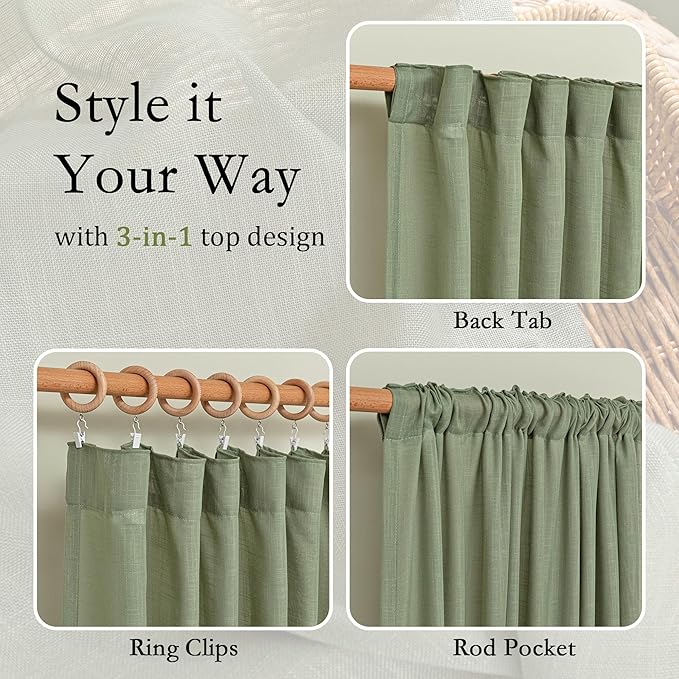 MYSKY HOME Sage Green Curtains for Beroom Liivng Room 84 Inch Length 2 Panels Set, Semi Sheer Soft Touch Light Filtering Drapes for Sliding Glass Door Farmhouse Boho Curtain, 50" Wide, 2 PCs