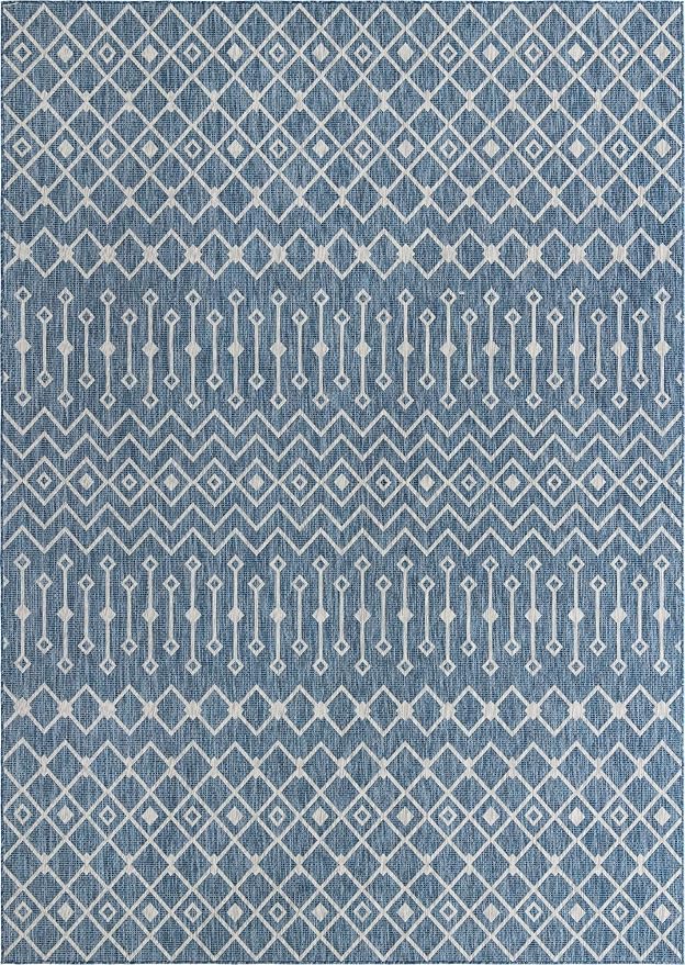 Unique Loom Outdoor Trellis Collection Area Rug - Tribal Trellis (10' x 14' 1" Rectangle, Blue/ Ivory)