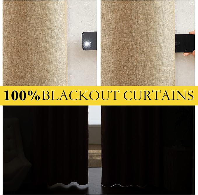 NICETOWN 100% Absolutely Blackout Linen Curtains with Thermal Insulated White Liner, Camel, W52 x L90, 2 Panels, Textured Linen Look Noise Reducing Window Treatments Drapes for Bedroom/Living Room