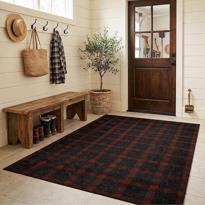 5x7 Farmhouse Mudroom Rug – Washable Non Slip Large Entryway Area Rug for Back Door, Garage Entrance, Durable Indoor Outdoor Style Plaid Rug for Kitchen Dining Room, Dark Brown