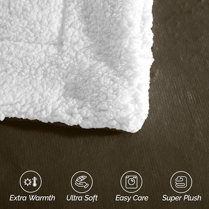 Elegant Comfort Ultra Soft Reversible Flannel Sherpa Blanket - Cozy Silky Fleece Throw for Couch, Bed - Plush Fuzzy Warm Winter Blanket for Gift, Full, Brown