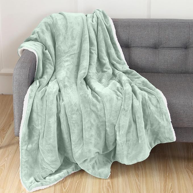 Elegant Comfort Throw Blanket, Reversible Sherpa Flannel, Ultra-Soft, Fuzzy, Cozy and Plush- All Season Lightweight Decorative Throw, 50 x 60 inches, Solid Sherpa Throw, Mint Green