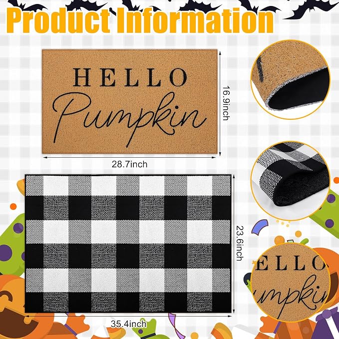 Tinideya 2 Pcs Door Mat Welcome Non Slip Coir Mats Floor Layering Doormats Seasonal for Front Porch Entryway Decor(Black White Plaid)