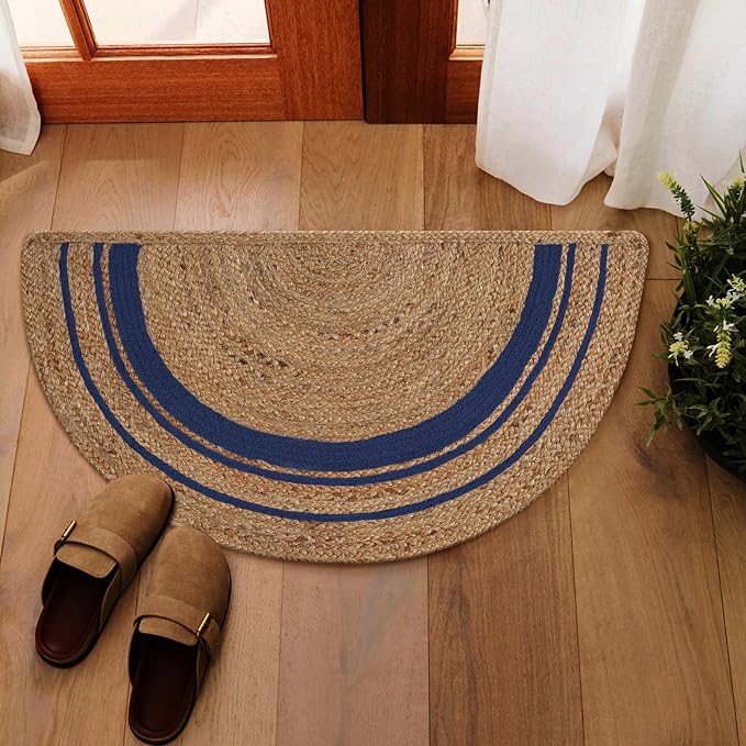 Boho Braided 1.5x3 Area Rug - Jute Natural Fiber Half Round Rug for Living Room Entryway, Farmhouse, Home, Indoor Rugs Jute Door mat for Bathroom, Kitchen (Navy Natural, 1.5 X 3 ft)