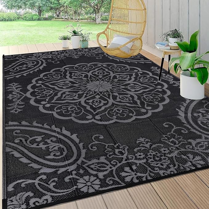 Pauwer Outdoor Rug 6x9, Waterproof Plastic Camping Rug, Boho Black Grey | Reversible Patio Rug, UV Resistant Indoor Outdoor RV Mat Carpet For Deck, Camper, Porch, Balcony, Backyard, Picnic, Foldable