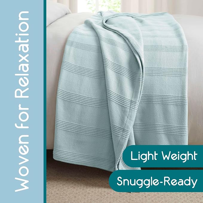 Vellux 100% Cotton Blanket, Queen, 90x90, Light Blue | Soft, Breathable Knit, Lightweight, All Season, Machine Washable, Oeko-Tex Certified, Hotel Quality