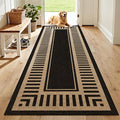 Washable Striped Easy Jute Runner Rug 2x6, Black Modern Geometric Outdoor Indoor Patio Bordered Rug, Woven Non Slip Thin Neutral Long Runner Carpet for Hallway Kitchen Entryway Porch Farmhouse