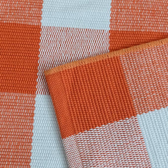 Bottalive Buffalo Plaid Outdoor Rugs, 3'x5' Orange and White Checkered Indoor/Outdoor Area Rug, Layering Rug for Hello/Welcome Door Mat, Washable Cotton Woven Farmhouse Mat for Fall Front Porch Décor