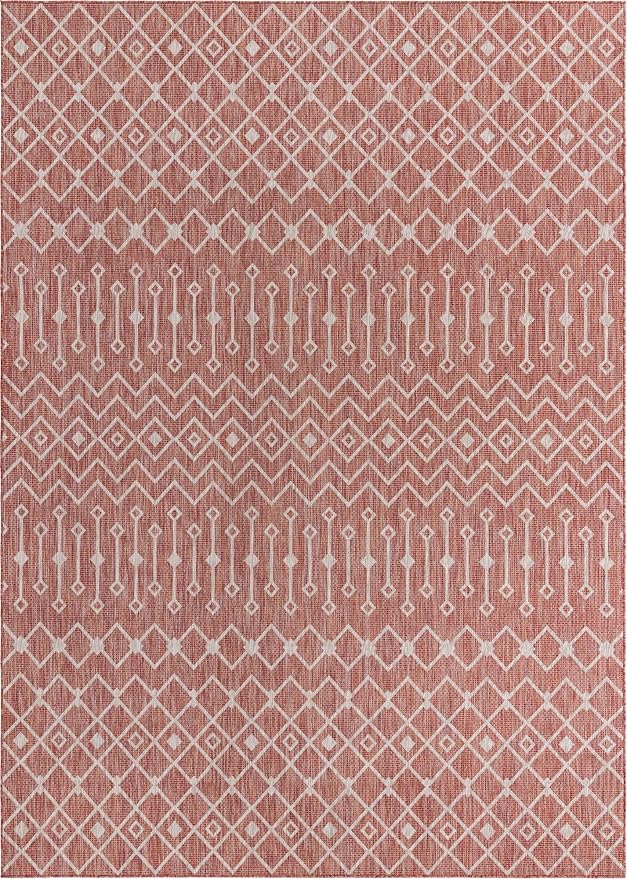 Unique Loom Outdoor Trellis Collection Area Rug - Tribal Trellis (10' x 14' 1" Rectangle, Rust Red/ Ivory)