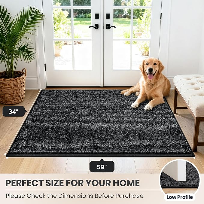 PURRUGS Dirt Trapping Door Mat 34" x 59", Non-Slip Machine Washable Entry Rug, Entrance Mat, Indoor Front Door Mat, Super Absorbent Entryway Rug for Muddy Shoes & Paws, Heathered Charcoal