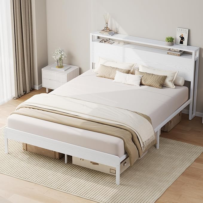 LIKIMIO Full Size Bed Frame with 2-Tier Storage Shelf Headboard | Wood Platform Bed, Camas Full with Strong Metal Supports, Sturdy, Noise-Free, No Box Spring Needed, White