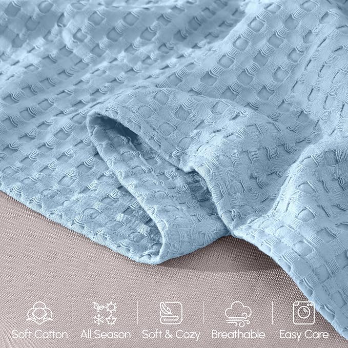 Elegant Comfort Premium 100% Cotton Waffle Blanket - Lightweight Breathable Waffle Weave Bed Blanket - Soft and Warm All Season Blanket for Couch, Sofa and Bed, King Size 90x108 Inches, Light Blue