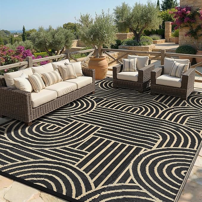 Garvee Reversible Rainbow Outdoor Rug 10x14, Waterproof Outdoor Plastic Straw Rug, RV Mat for Picnics, Patio, Camping, Balcony, Deck, Backyard, Porch, Brown