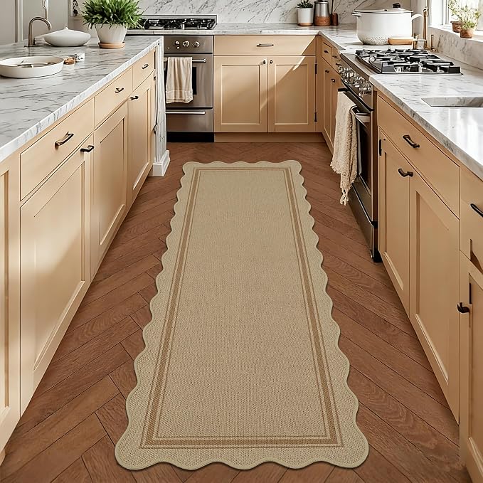 Easy Jute Kitchen Runner 2x6 Kitchen Runner Rug Washable Non Slip Outdoor Rug for Entryway Farmhouse Neutral Low Pile Scalloped Carpet for Hallyway Proch Doorway
