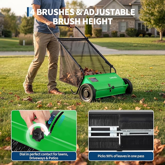 Garvee 26 Inch Push Lawn Sweeper, Walk Behind Leaf Grass Collector with 7 Cu ft Hopper Bag, Carbon Steel Frame, Yard Sweeper with Adjustable Brush Height for Garden Patio Driveway Leaves Cleanup | 7 Cu ft Hopper Bag, Carbon Steel Frame, Yard Sweeper wi...