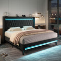 Allewie King Size Upholstered Bed Frame with LED & Charging Station, Black | Customizable LED lights, charging station, tufted wingback headboard, noise-reducing support, and no box spring needed.