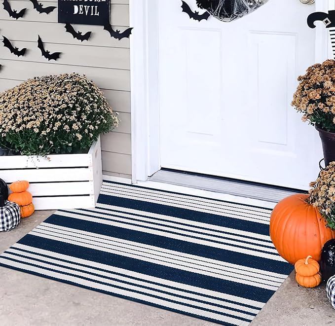 Blue and White Striped Doormat 24'' x 35'' Front Porch Rug Machine Washable Indoor Outdoor Doormat for Front Porch Hand-Woven Entryway Rug for Laundry/Bathroom/Bedroom