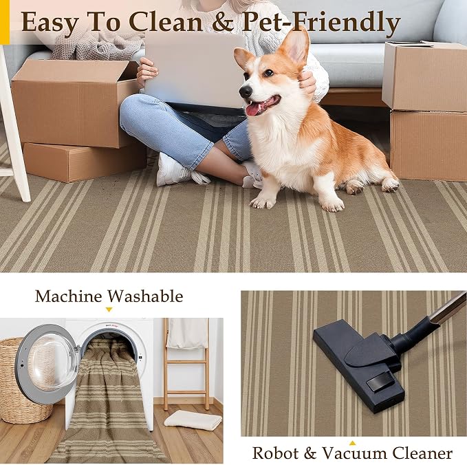 PureCozy Striped Easy Jute Rug 5x7 Khaki Living Room Carpet Washable Non Slip Bedroom Office Rug Farmhouse Neutral Non Shedding Indoor Outdoor Large Carpet for Kitchen Dining Room