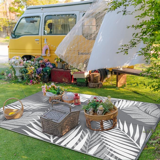 GENIMO Outdoor Rug 3'x5' Waterproof for Porch, Plastic Door Mat Grey White | Outside Leaf Carpet for Patio Decor, Balcony, Deck, Backyard, Picnic, Camping, RV, Reversible, Foldable, Lightweight