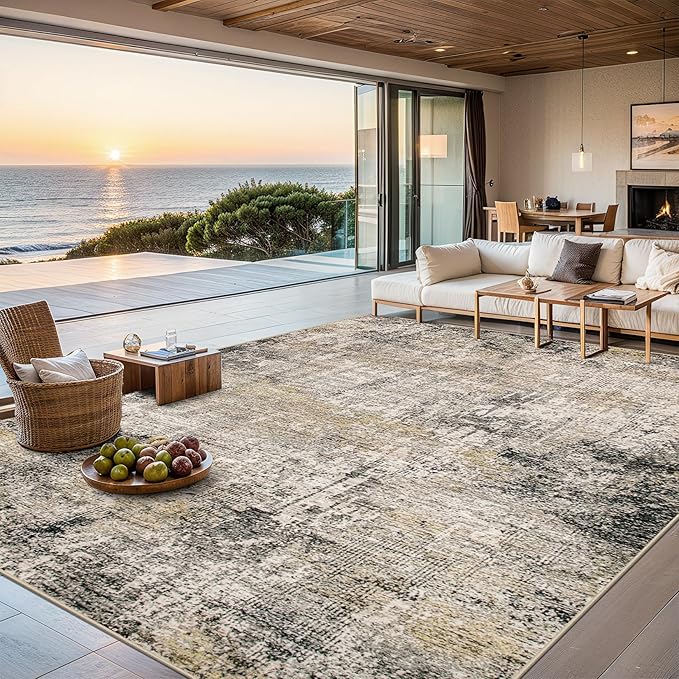 6x9 Area Rugs for Living Room - Washable Rug Modern Abstract Soft Large Neutral Non-Slip Carpet Indoor Floor Thin Carpets for Bedroom Dining Room Farmhouse Nursery Home Office Brown Black Grey