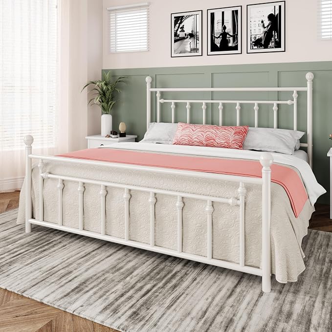 Allewie 14'' King Size Metal Platform Bed Frame, Vintage Headboard, White | 50'' Tall Victorian Headboard/Footboard/Mattress Foundation/Under Bed Storage/No Box Spring Needed/Easy Assembly/Noise Free