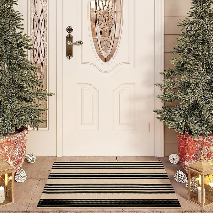 OJIA Front Door Mat 24"x35" Washable Front Porch Rug Outdoor Doormat Decor | Black and Tan Entry Rug Indoor Outdoor Rugs Doormat Cotton Woven Striped Small Area Rugs for Porch/Farmhouse/Home Entrance