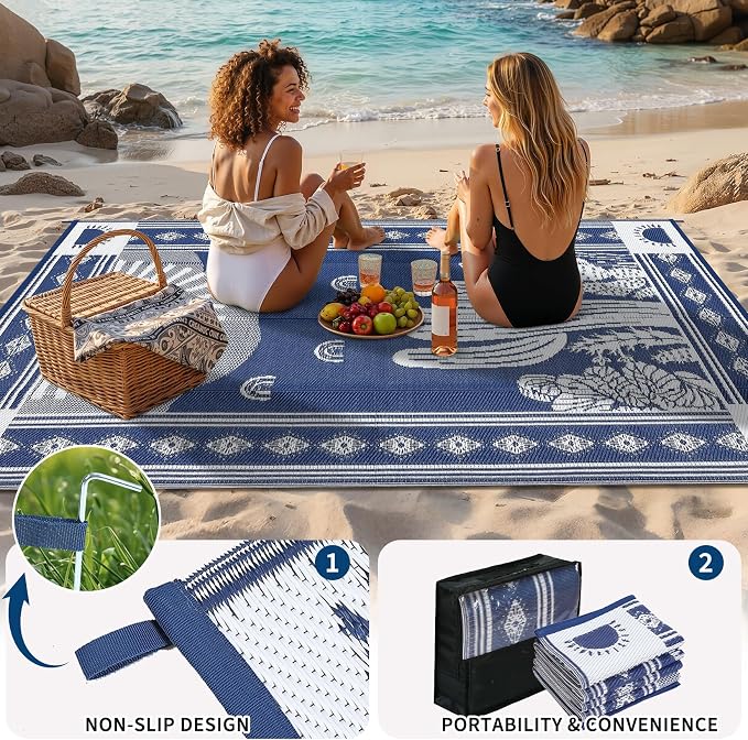 Garvee Waterproof Outdoor Rug 5x8, Cactus Botanical Outdoor Plastic Straw Rug for Camping, Reversible RV Mat Outside, Indoor Outdoor Carpet for Porch, Deck, Backyard, Balcony, Picnic, Navy & White