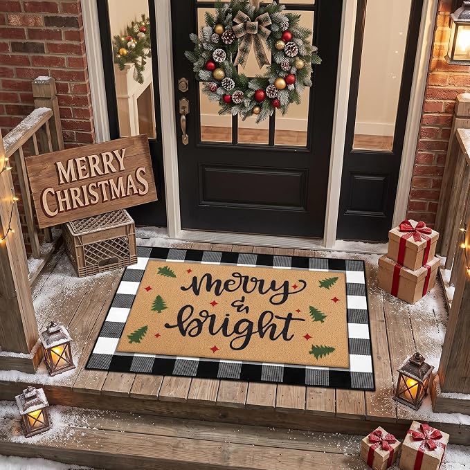 Tinideya 2 Pcs Door Mat Welcome Non Slip Coir Mats Floor Layering Doormats Seasonal for Front Porch Entryway Decor(Rustic Christmas)