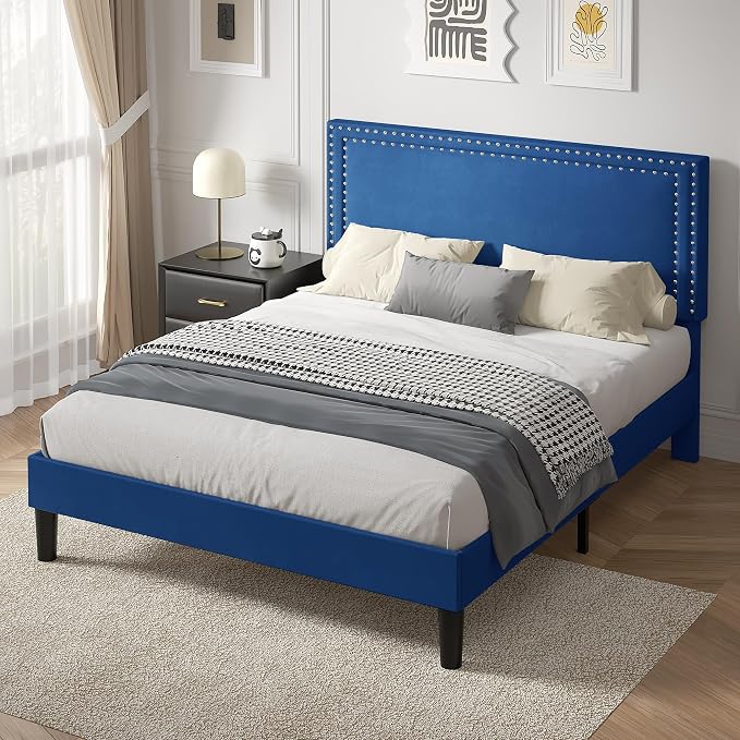 VECELO Full Size Platform Bed Frame with Height Adjustable Upholstered Headboard, Modern Mattress Foundation,Strong Wood Slat Support, No Box Spring Needed, Easy Assembly,Dark Blue