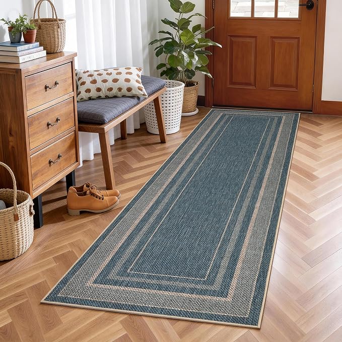 GarveeHome Easy Jute Runner Rug 2x8 Washable Non Slip Hallway Runner Rugs | Stain Resistant Low Pile Kitchen Throw Carpets Modern Solid Runners for Bedroom Nursery Entryway Living Room Dorm, Blue