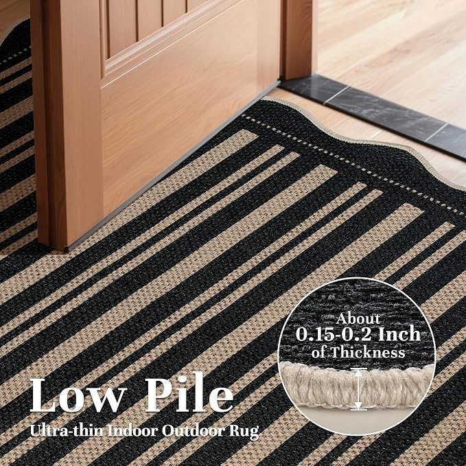 EDIMENS 2x3 Front Door Mat Easy Jute Scalloped Doormat Small Entryway Rug | Striped Non-Slip Washable Area Rug Low Pile Black Indoor Outdoor Farmhouse for Entrance Entry Front Porch Doorway