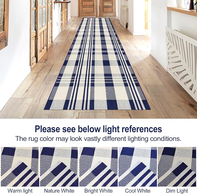 Buffalo Plaid Runner Rug 3x10 Feet Navy and Off White Hallway Runner Rug Cotton Woven Rug Farmhouse Checkered Rug Washable Runners for Entryway Kitchen Bedroom Living Room