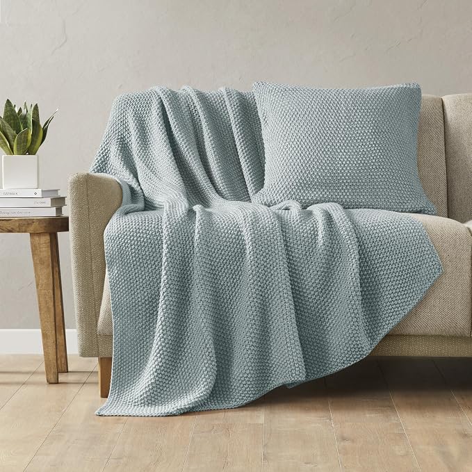 INK+IVY Bree Knit All Season Throw Blanket for Sofa, 50 x 60, Light Blue | Ultra Soft, Acrylic, Lightweight, OEKO-TEX Certified
