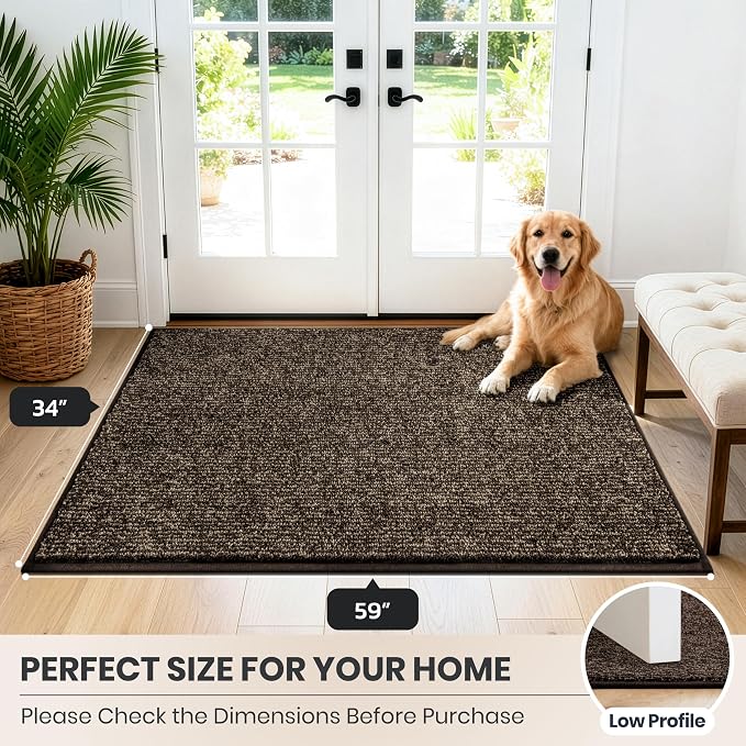 PURRUGS Dirt Trapping Door Mat 34" x 59", Non-Slip Machine Washable Entry Rug, Entrance Mat, Indoor Front Door Mat, Super Absorbent Entryway Rug for Muddy Shoes & Paws, Heathered Brown