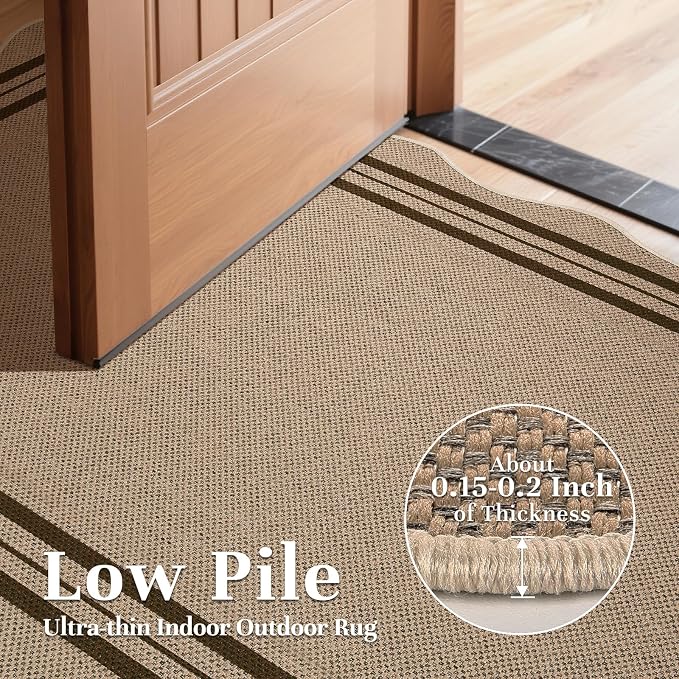 EDIMENS Easy Jute Rug Entryway Rug, 2x3 Front Door Mat Small Entryway Non-Slip Washable Area Rug, Low Pile Black Indoor Outdoor Farmhouse Scalloped Doormat for Entrance Entry Porch Doorway