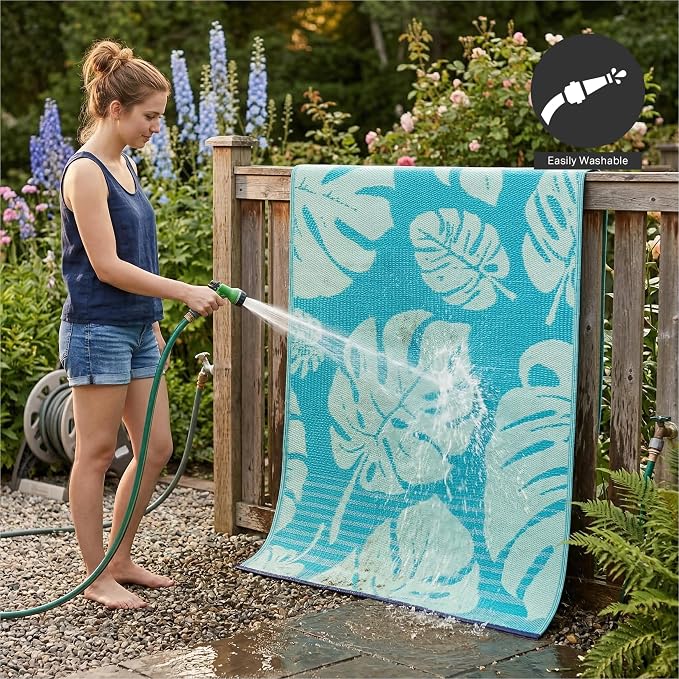 FH Home Outdoor Rug - Waterproof, Fade Resistant, Reversible - Premium Recycled Plastic - Tropical, Botanical - Patio, Deck, Porch, Balcony - Hana Leaves - Blue Crease Free - 5 x 8 ft
