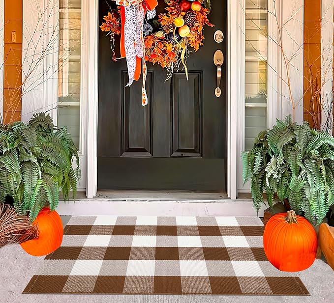 Front Door Mat Outdoor 24''x35''Buffalo Plaid Porch Mat Cotton Woven Machine Washable Carpet for Layered Doormat Hello/Welcome Door Mat,Kitchen,Farmhouse,Entryway