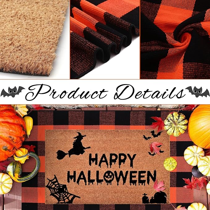 Halloween Decor Doormat Combo Set, 100% Coco Coir Welcome Mat + 3' x 5' Orange and Black Plaid Rug - Halloween Fall Front Porch Entryway Decor Floor Mat, Outdoors Autumn Mats Happy Halloween