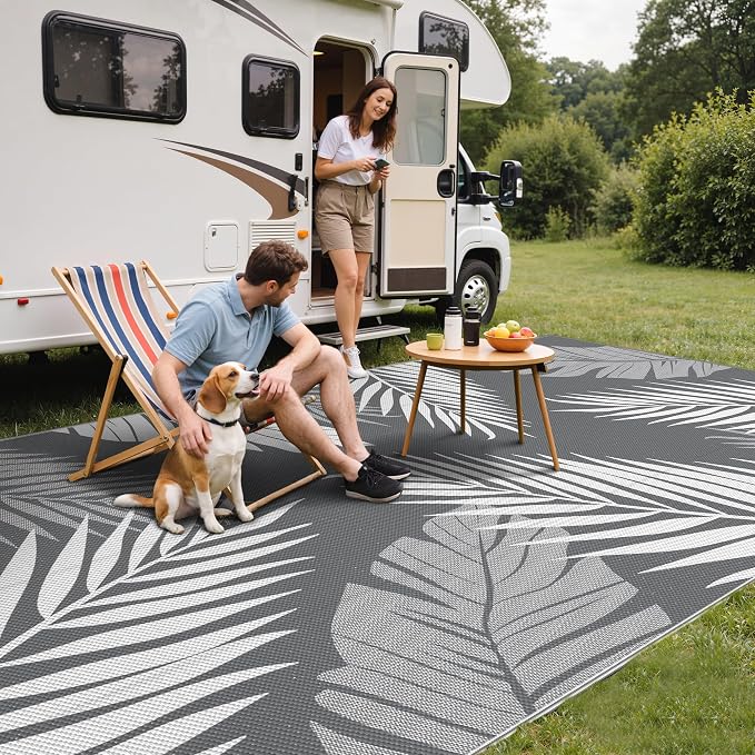 GENIMO Outdoor Rug, Waterproof Plastic Rugs 9'x18' for Camping Grey White | Outside Larger Leaf Carpet Mat for Patio Decor, RV, Porch, Camper, Deck, Picnic, Beach, Backyard, Reversible, Foldable